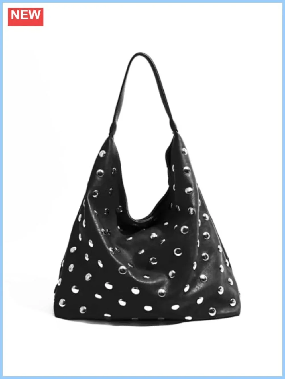 Vegan Leather Studded Hobo Tote Bag Hand-Embellished Slouchy Purse